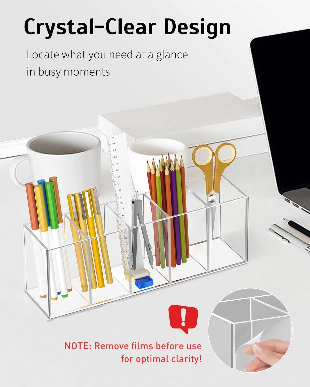 Uniclife Clear Acrylic Pen Holder for Desk, Plastic Pencil Holder Pen Organizer with 5 Compartments, Desktop Stationery Organizer for Office Home School, Vertical Makeup Brush Holder, 11.3" x 3" x 4"