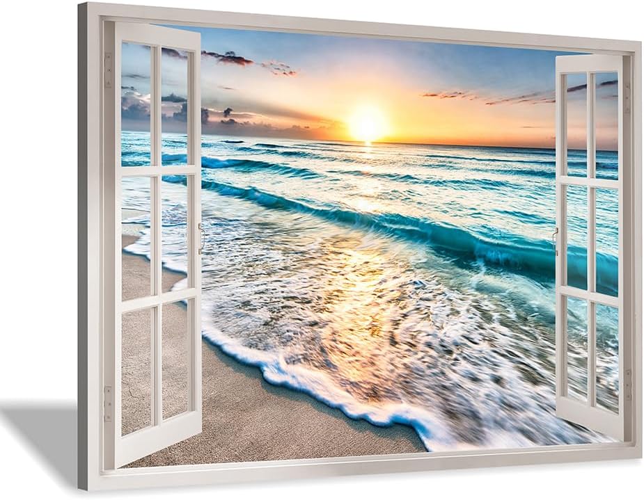 beach canvas window wall art: beach picture coastal artwork seascape ocean scene prints - looking out fake window wall decor for bedroom 45"x30"