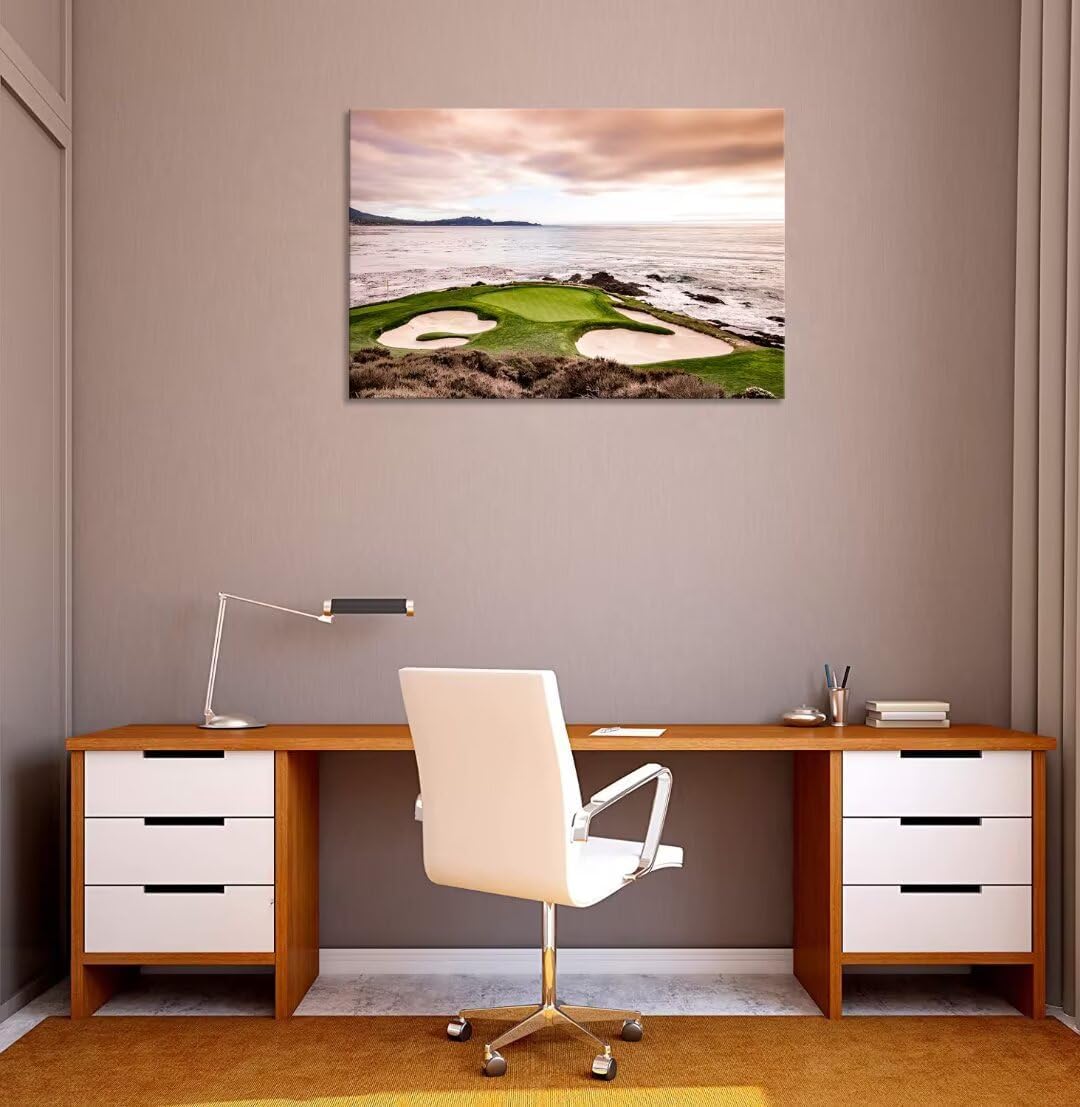USA California Golf Course Wall Art for Living Room Bedroom Bathroom Home Decorations Coastline Golf Course Greens and Bunkers Picture Poster Framed Artwork Canvas Prints Ready to Hang(12''H x 16''W)