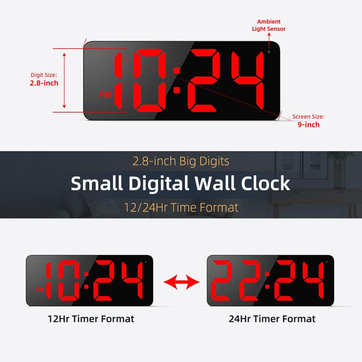 LED Digital Wall Clock with Large Display, Big Digits, Auto-Brightness, 12/24Hr Format, Modern Electric Small Silent Wall Clock for Living Room, Bedroom, Classroom, Farmhouse, Kitchen, Office - Red