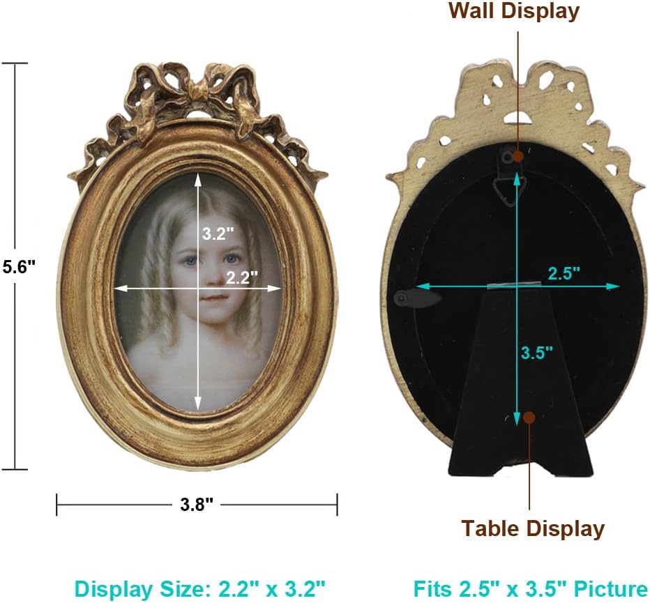 SYLVIA'S SHOP Small Vintage 2.5x3.5 Oval Picture Frame, Mini Antique Ornate Photo Frame, Table Top Display and Wall Hanging Home Decor, Old Fashioned Photo Gallery Art Deco, Bronze Gold