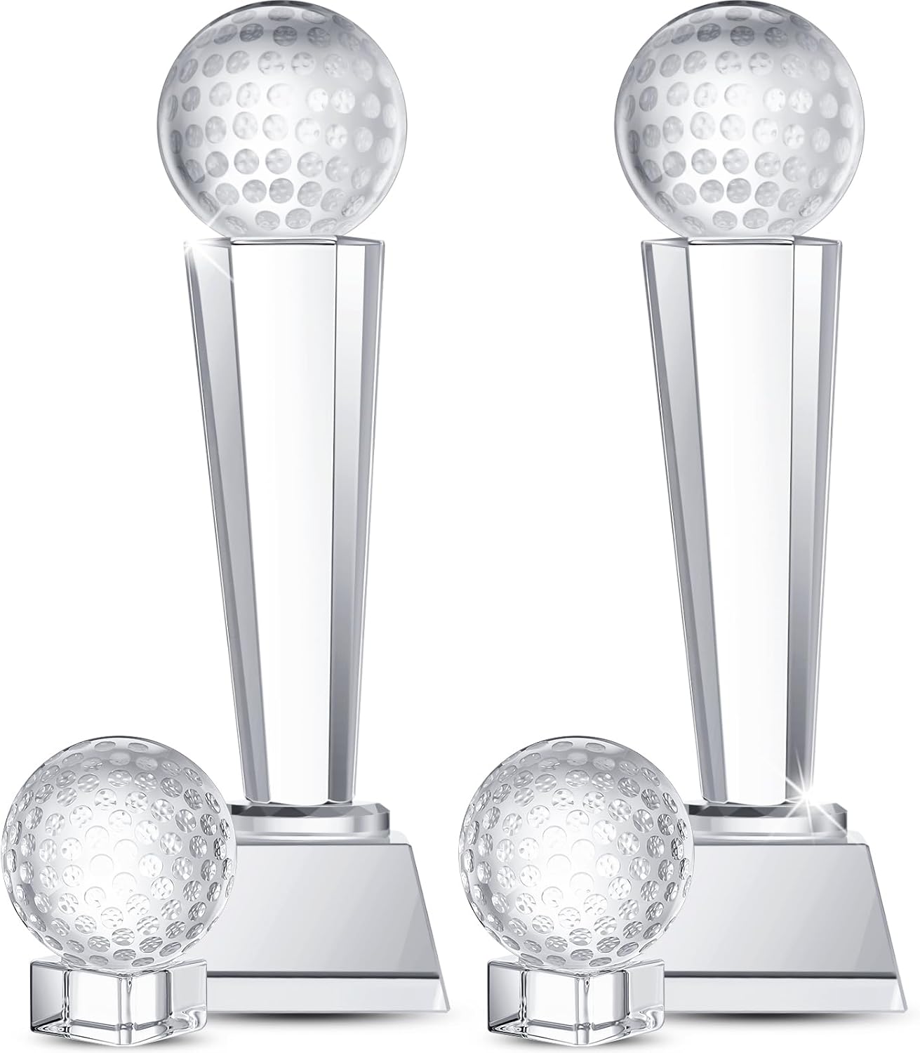 Libima 4 Pcs Golf Trophy 2 x 2.6 Inch Crystal Glass Trophy Award with Display Stand Base and Elegant Gift Box 9.1 x 2.8 Inch Golf Tournament Prizes Golf Ball Statue for Adults Sports Table Decor