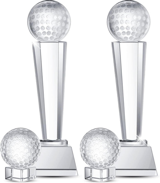 Libima 4 Pcs Golf Trophy 2 x 2.6 Inch Crystal Glass Trophy Award with Display Stand Base and Elegant Gift Box 9.1 x 2.8 Inch Golf Tournament Prizes Golf Ball Statue for Adults Sports Table Decor
