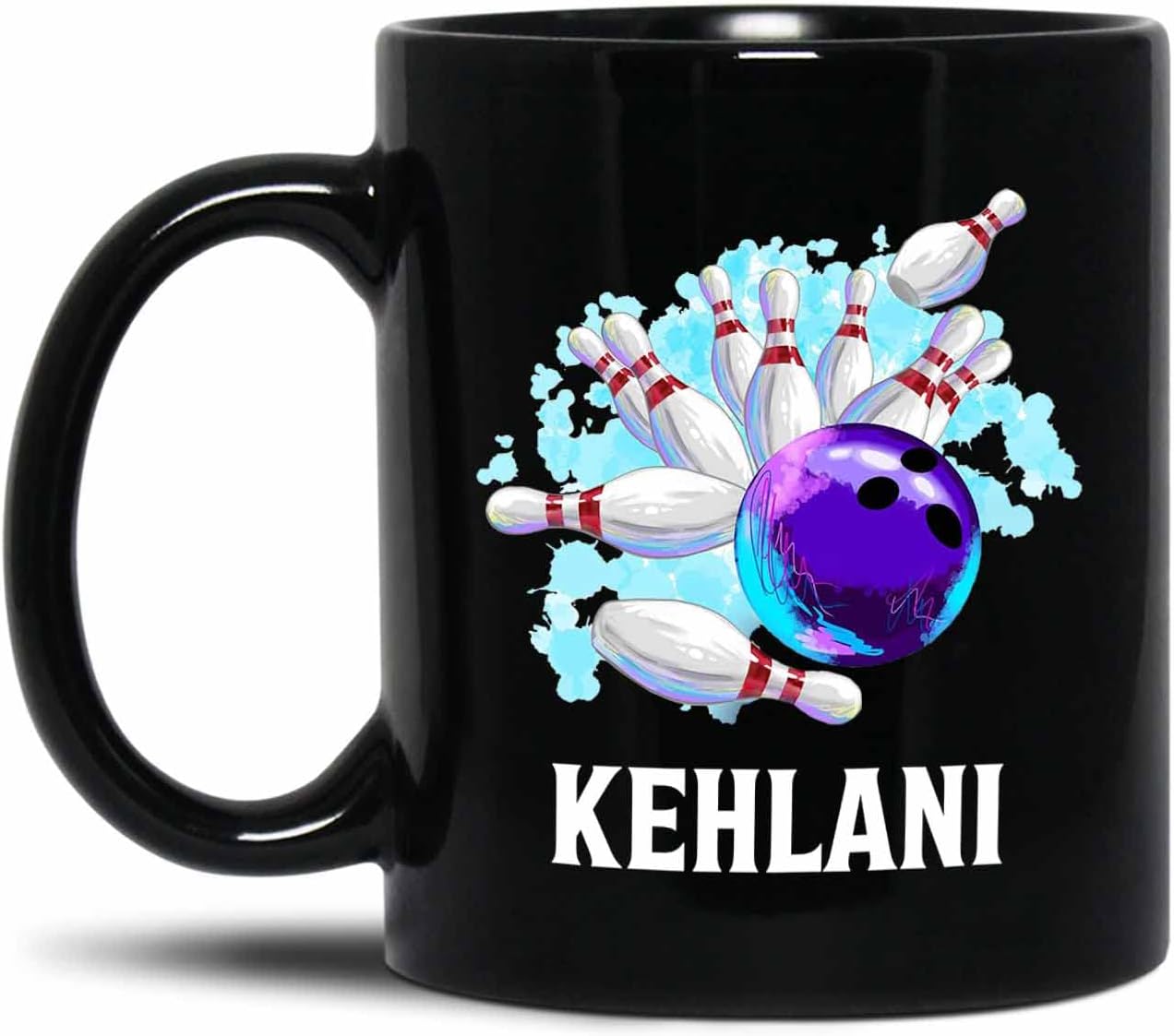Personalized Bowling Black Ceramic Mug 11 Oz 15 Oz, Custom Bowling Ball Player Coffee Mugs With Choose Name, Strike Knock Down Pins Bowling Travel Mug, Bowling Sport Coffee Cup Gift For Bowling Lover