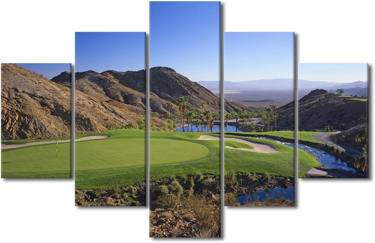 5 Pcs Golf Poster Wall Art Cascata Golf Course Scenery Picture Wall Art Canvas Print US Golf Themed Home Decor Pictures for Living Room Bedroom Painting Artwork Framed Ready to Hang - 60" W x 40" H