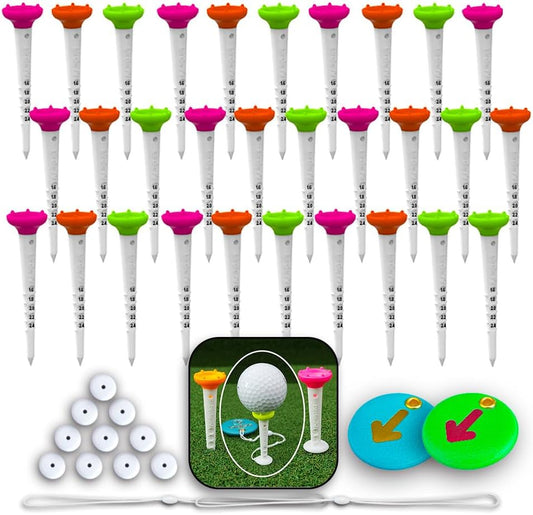 Big Easy Golf Tee Set – Magnetic Tee Keeper, 3.25" Tees with Height Adjust, Direction Guide, 6-Prong Low-Friction Head, Silicone Stopper – (15 pcs/1pack or 30pcs/1Pack), 3-Bright Colors