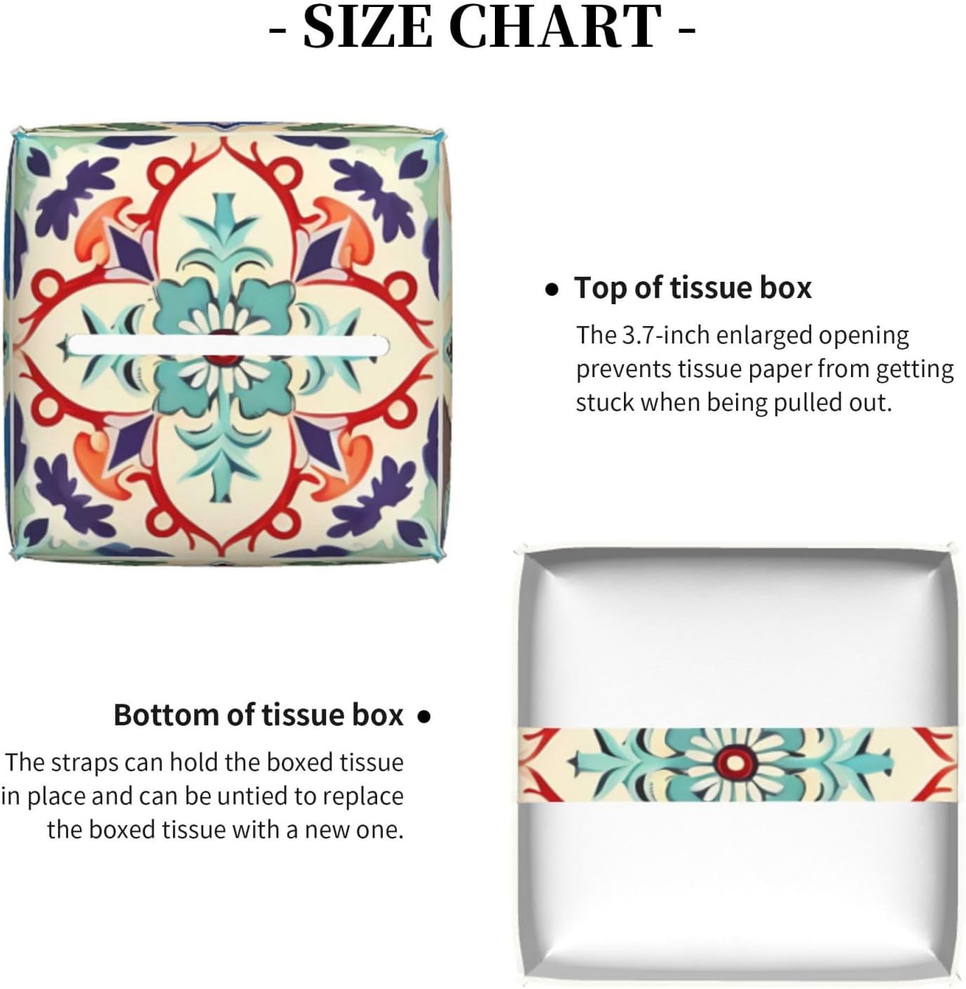 Tissue Box Cover Colorful Boho Ceramic Tile Square PU Leather Tissue Box Holder for Car Bathroom Bedroom Desk Tabletop Decor