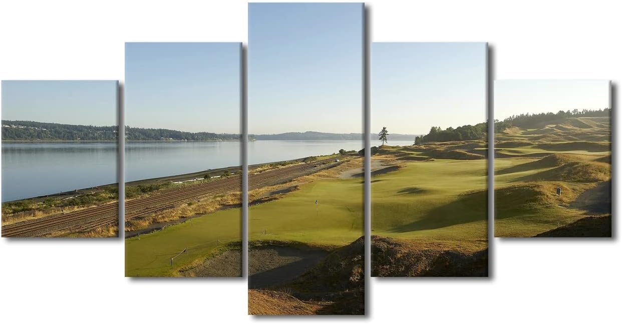 Large Family Decor Wall Art American Golf Course Canvas Painting Posters Wall Decor 5 Piece Golf Course Prints Nature Landscape Modern Artwork for Living Room Office Framed Ready to Hang - 60"W x 32"H