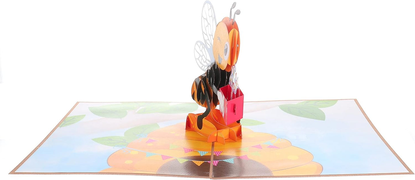 iGifts And Cards Happy Bee Day 3D Pop Up Greeting Card – Honey Bee With Present, Gift For Bee Lovers, Thinking of You, Mother's Day Card, Beehive Present For Wife, Fun Birthday Gift