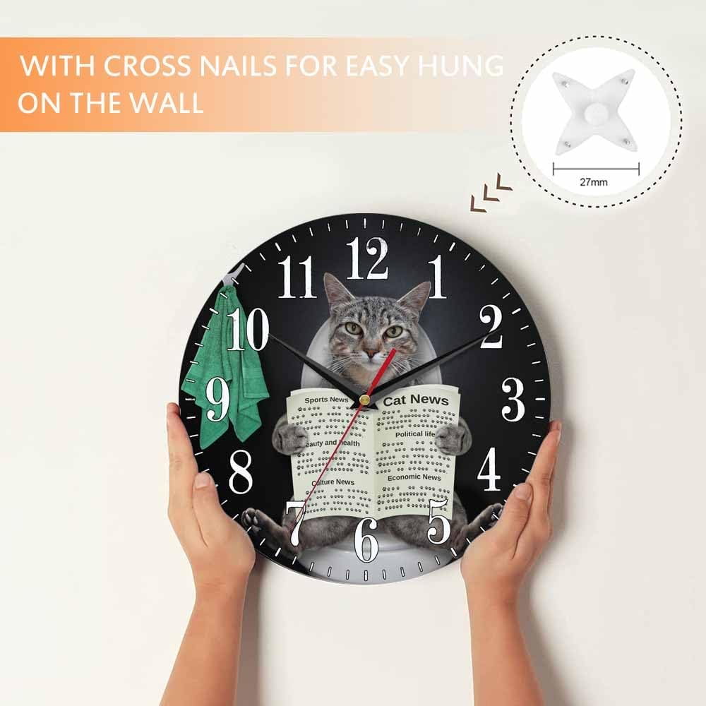 Mxocom Funny Cat Wall Clock Gray Cat Reading Newspaper Bathroom White Toilet Bowl 10 Inch Silent Non Ticking Battery Operated Clock Vintage Round Clock for Living Room Bedroom Bathroom Office Decor