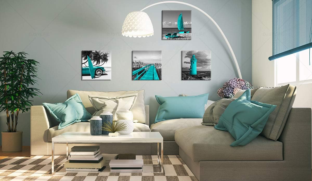 Beach Wall Art Teal Wall Decor Bathroom Decor Sets Accessories Black and White Ocean Lighthouse Painting Palm Tree Surfboard Car Bridge Picture Prints Seascape Office Bedroom Poster 12x12 inches x4