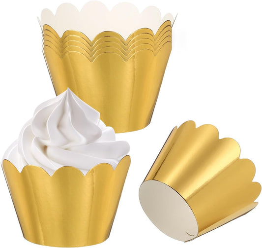 PATIKIL Cupcake Wrappers Paper, 50 Pack Baking Cups Standard Wave Decoration for Anniversary Birthday Weddings and Parties, Reflective Gold