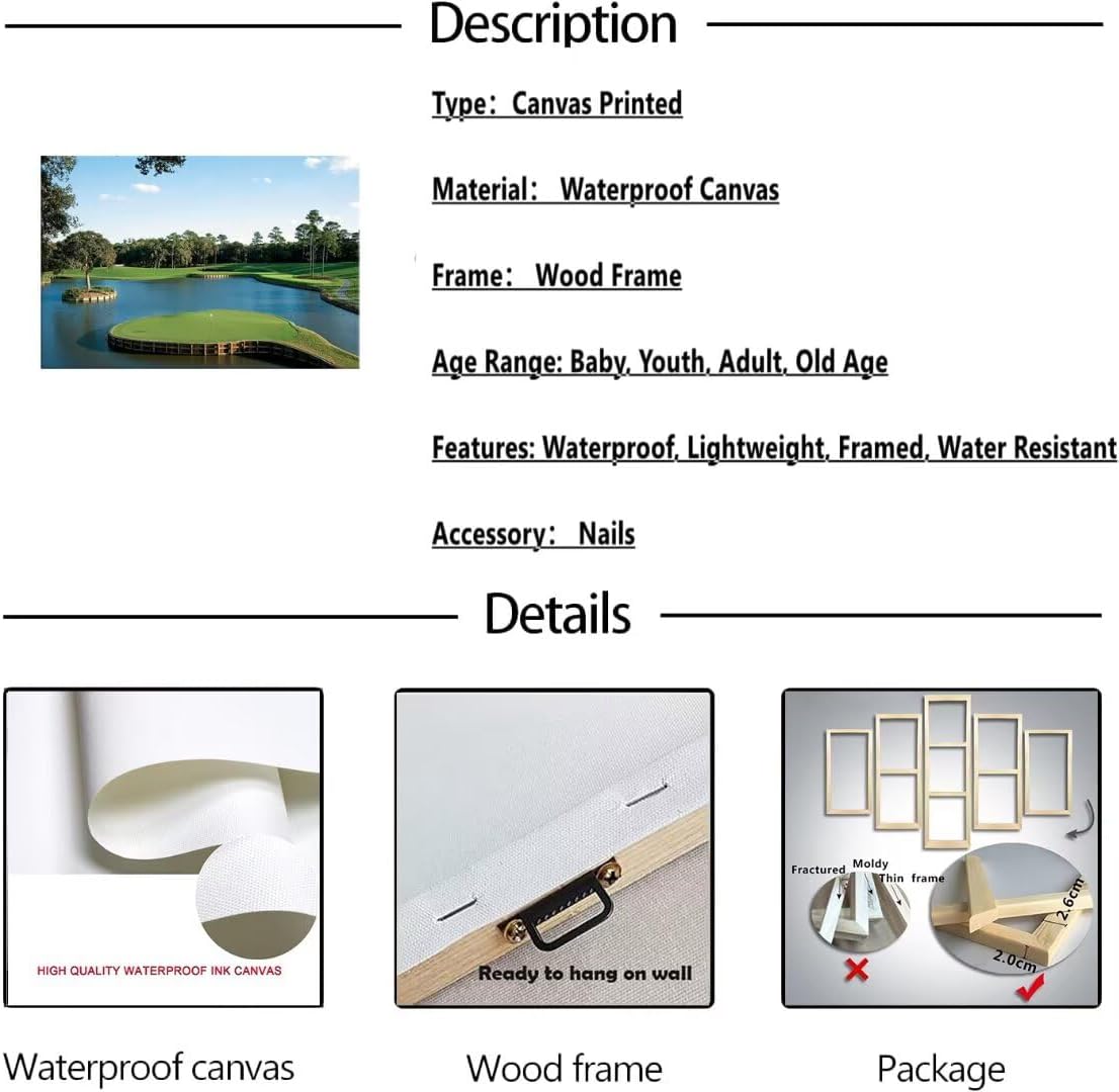 USA Golf Course Wall Art TPC Sawgrass Golf Course Pictures Prints Golf Wall Decor for Living Room Bedroom Home Decorations Golf Canvas Framed Artwork Ready to Hang(18''H x 24''W)