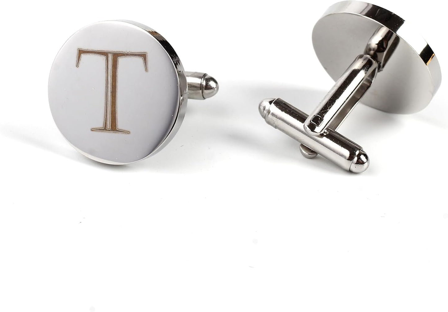 Mens Initial Silver Cufflinks A-Z Alphabet Letter Steel Cuff Links with Engraved Walnut Wood Box Groom Groomsman Wedding Set…