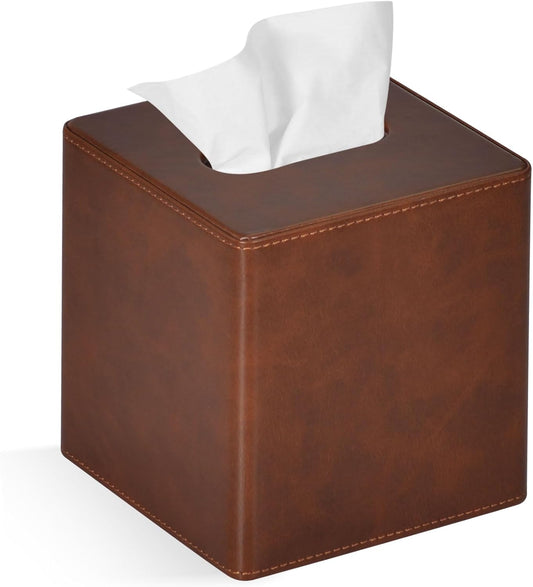 Tissue Box Cover Square PU Leather Facial Tissue Box Holder for Dresser Bathroom Decor (Brown)