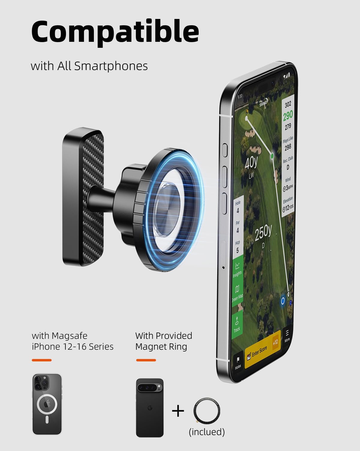 TODI Magnetic Golf Cart Phone Holder – Compatible with MagSafe iPhone 16 15 14 13 12 Pro/Max/Plus, Fits EZGO Club Car Yamaha Icon, Golf Gifts for Golfers Men, Dad, Grandpa