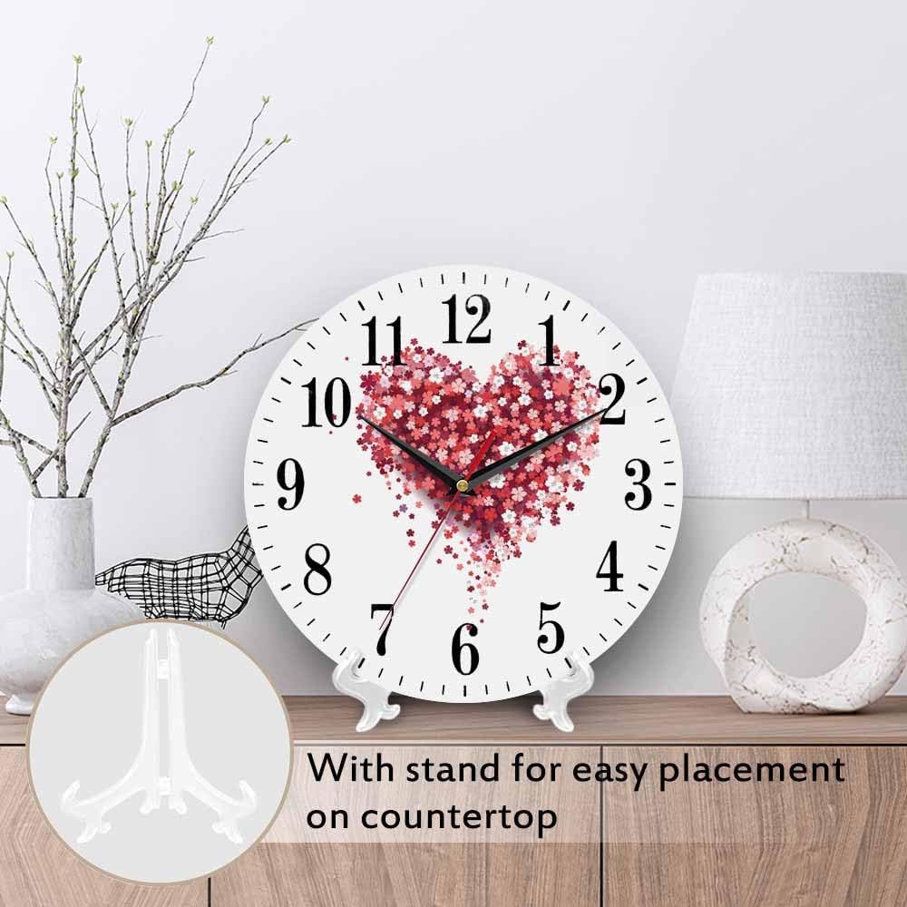 Mxocom Floral Love Heart Wall Clock Beautiful Romantic Red Pink Rose Peony Flower Petal 10 Inch Silent Non Ticking Battery Operated Clock Vintage Round Clock for Living Room Bedroom Bathroom Decor