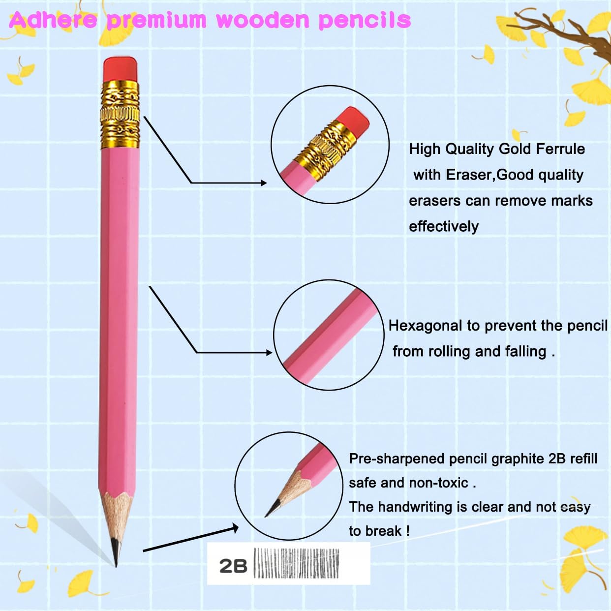 Adhere 25pcs Golf Pencils with eraser Hexagon Wooden Pencils Graphite 2B for Golf Event Scoring,Classroom,Wedding,Company Meetings,Pew, Pocket (z-Pink・Hexagon・50pcs)