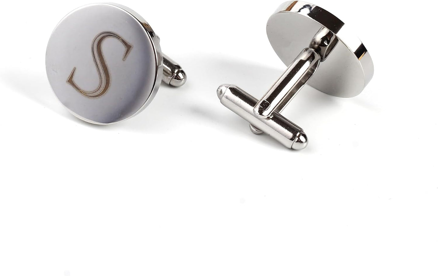 Mens Initial Silver Cufflinks A-Z Alphabet Letter Steel Cuff Links with Engraved Walnut Wood Box Groom Groomsman Wedding Set…