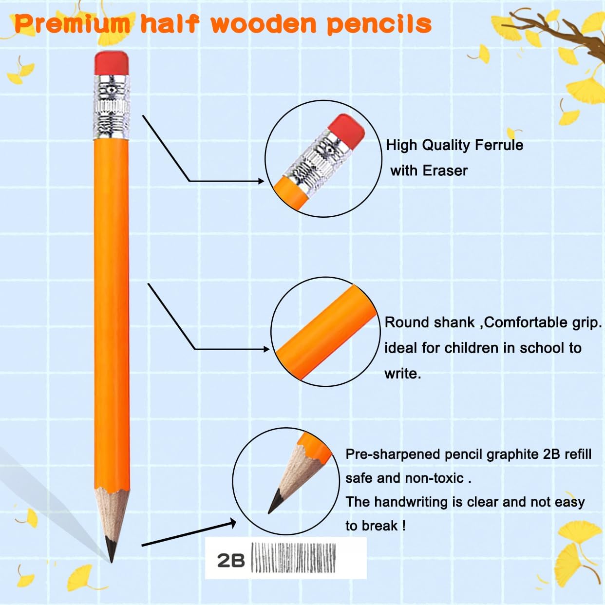 Adhere 25pcs Golf Pencils with eraser Hexagon Wooden Pencils Graphite 2B for Golf Event Scoring,Classroom,Wedding,Company Meetings,Pew, Pocket (z-Orange・Round ・50pcs)