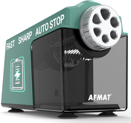 AFMAT PSD4 Electric Pencil Sharpener Heavy Duty, 6 Holes, Cordless & Rechargeable, Super Fast, Auto Stop, 10K+ Uses, Classroom Pencil Sharpener for 6-11mm No.2/Large/Colored Pencils, Green