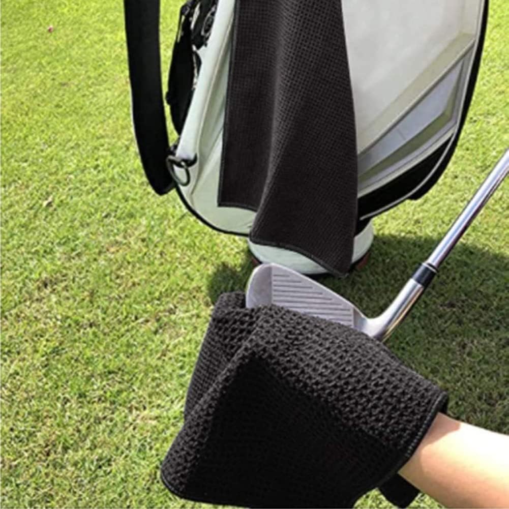 Golf Towels, Golf Towel and Brush Set, with Microfiber Waffle Design Golf Towel 16" X 24" with Hook and Loop Fastenerl and Retractable Zip-line Golf Club Brush (Black)