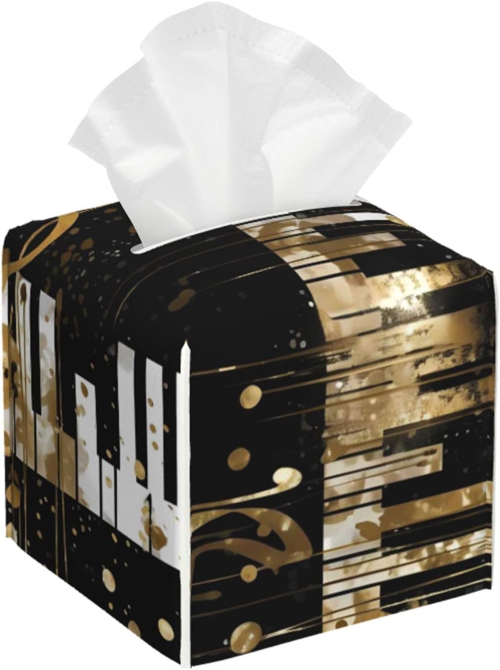 Tissue Box Cover Golden Music Notes Piano Keys Square PU Leather Tissue Box Holder for Car Bathroom Bedroom Desk Tabletop Decor
