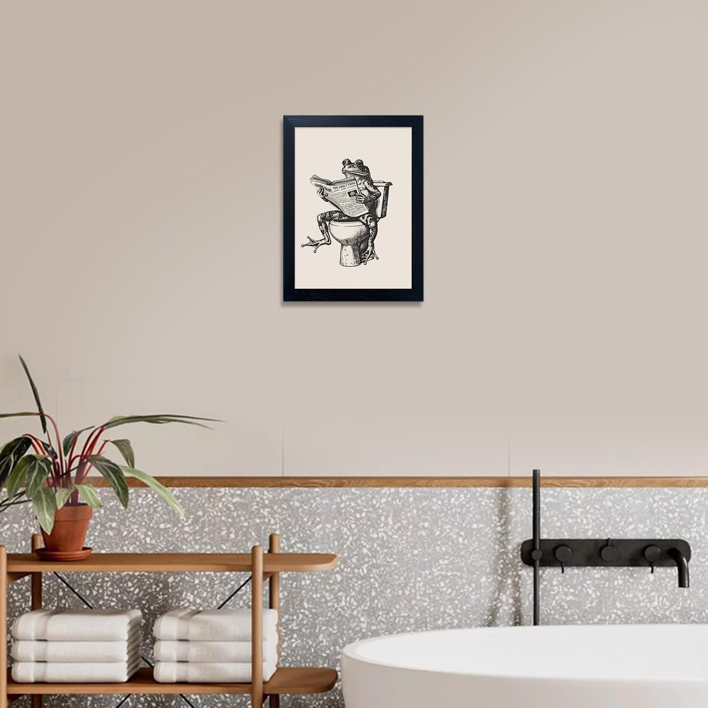 Bathroom Decor Wall Art, Funny Animal Bathroom Wall Art, Frog on Toilet Reading Newspaper Canvas Painting, Frog Art Print Pictures for Wall Decoration