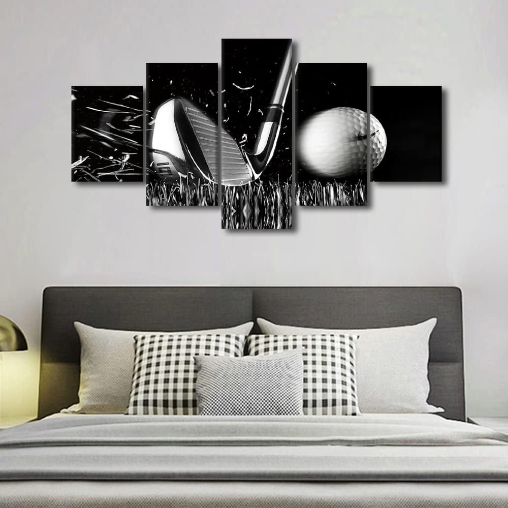 White and Black Golf Course Pictures Wall Art Golf Ball Paintings Multi Panel Printed on Canvas Golf Course Artwork Modern Home Decoration Giclee Wooden Framed Gallery-Wrapped Ready to Hang-60 Wx32 H