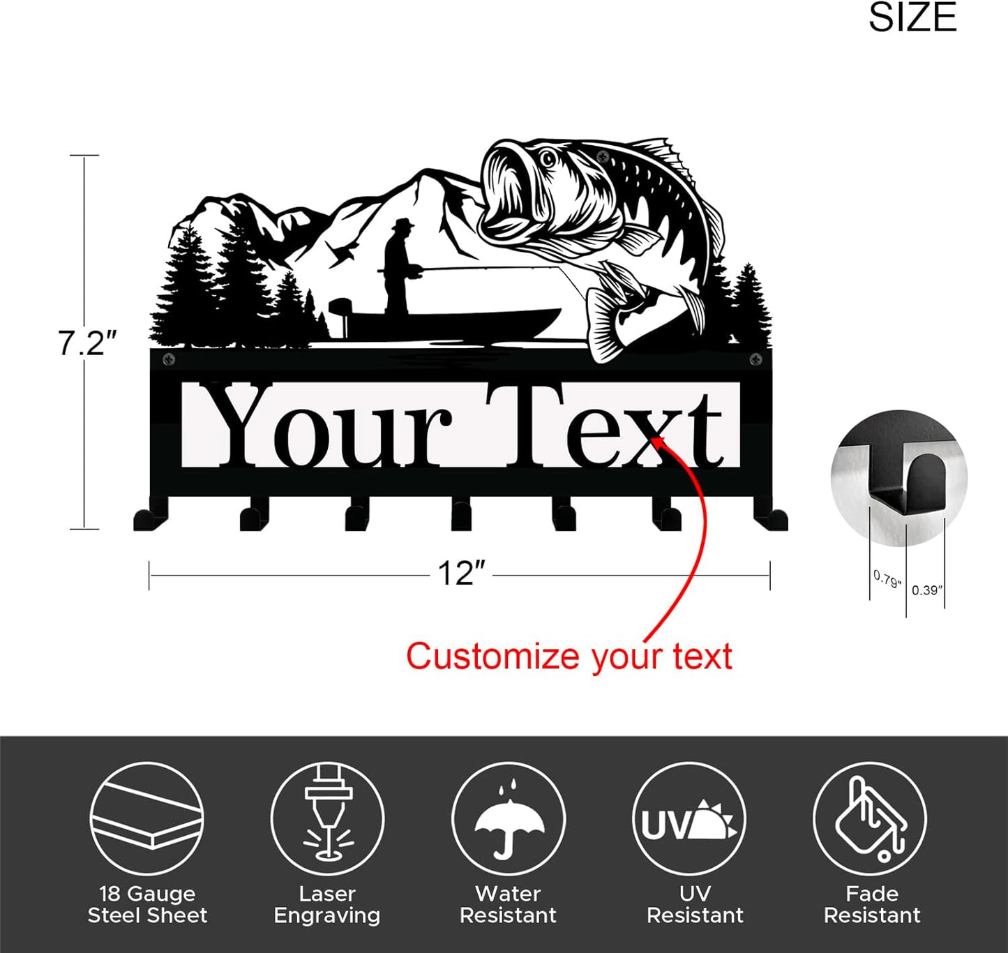 NIWAHO Personalized Family Name Metal Wall Sign with Hooks – Bass Fishing Key Rack Holder Wall Mount Customized Name for Entryway, Mudroom, Kitchen, or Bathroom Decor