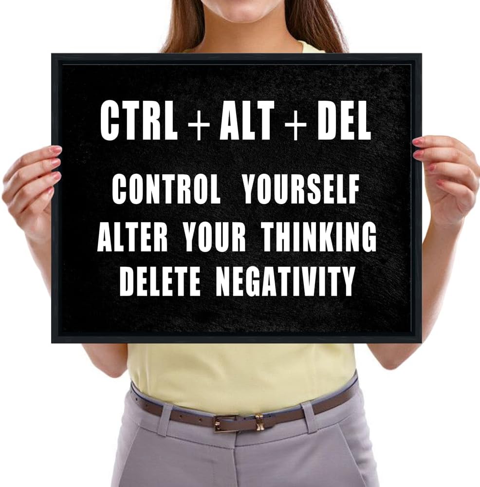 Pyradecor Black Framed Canvas Wall Art Motivational CTRL+ALT+DEL Classroom Positive Quotes Inspirational Poster Canvas Prints for Office Home Decorations