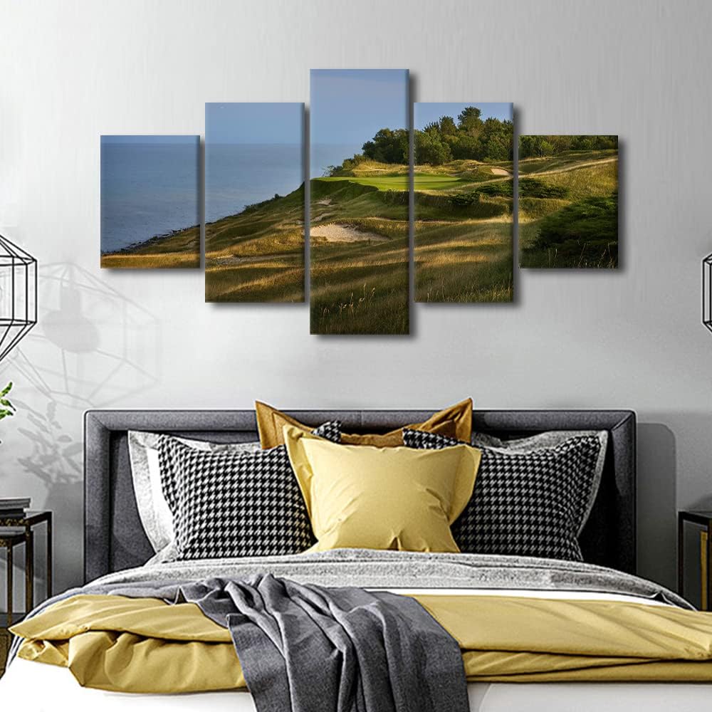 Wall Art Golf Course American Wisconsin Canvas Painting Modern Home Decor 5 Panel Wall Art Golf Course Field Picture Print Canvas Painting Decor for Living Room Framed Ready to Hang - 60"W x 32"H