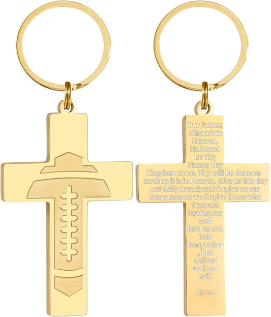 Football/Baseball/Soccer/Basketball Cross Keychains for Men First Communion Baptism Confirmation,Mens Gifts