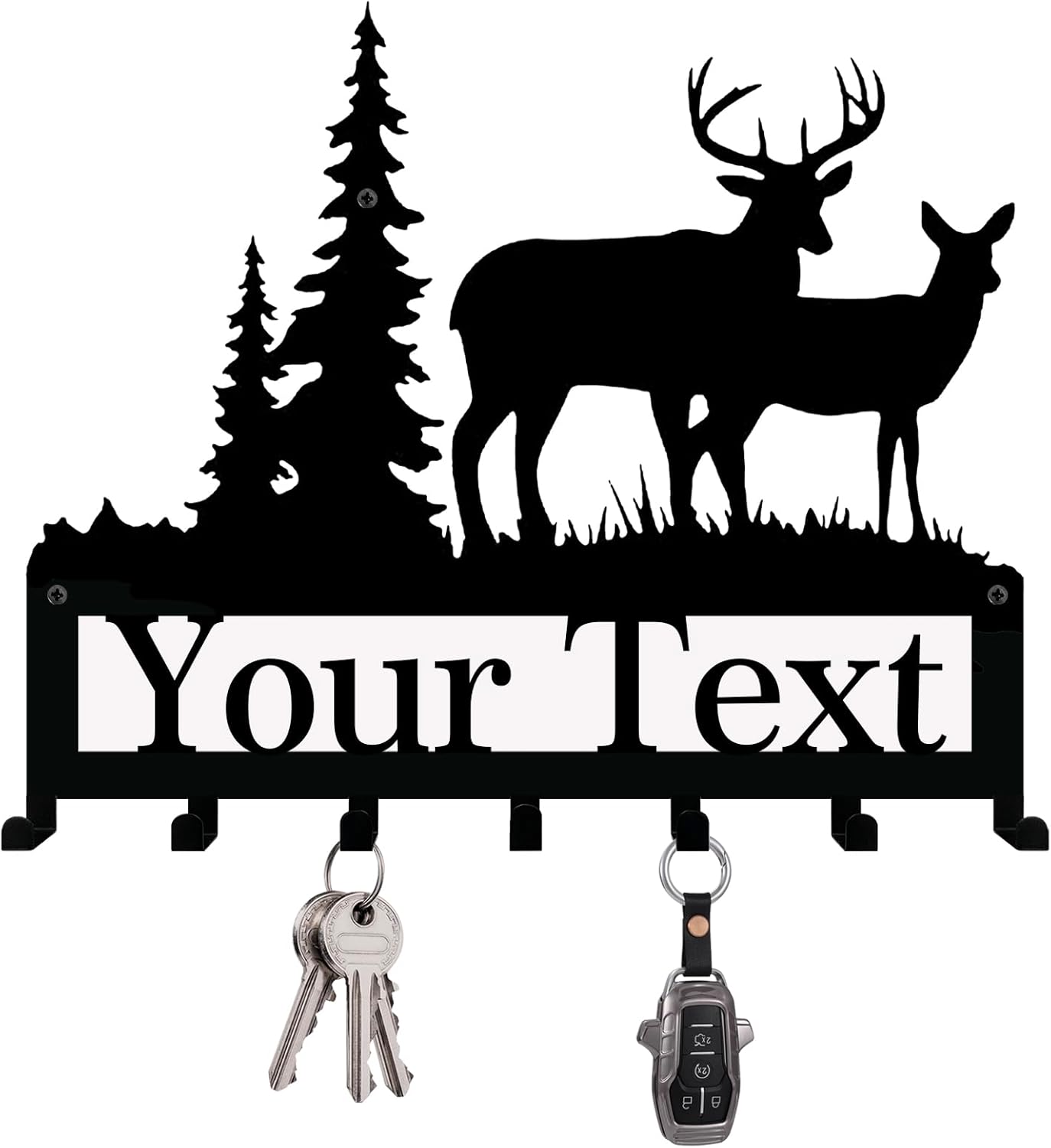 Personalized Family Name Metal Wall Sign With Hooks - Custom Rustic Deer Forest Key Rack Key Hanger for Entryway, Cabin, or Farmhouse Decor