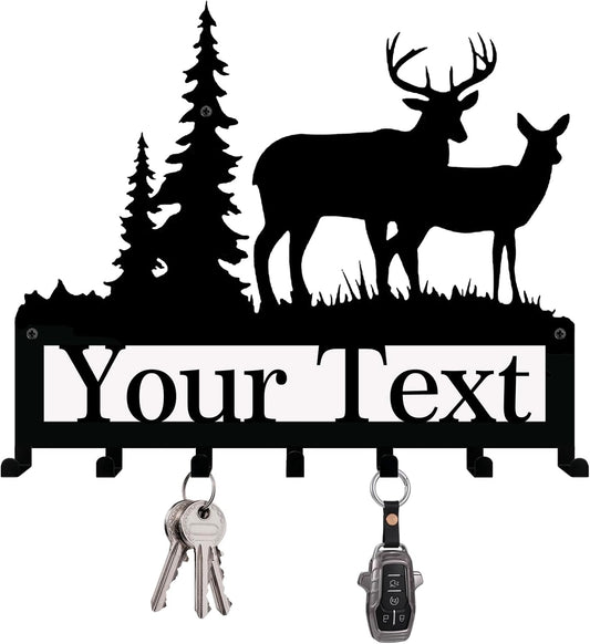 Personalized Family Name Metal Wall Sign With Hooks - Custom Rustic Deer Forest Key Rack Key Hanger for Entryway, Cabin, or Farmhouse Decor