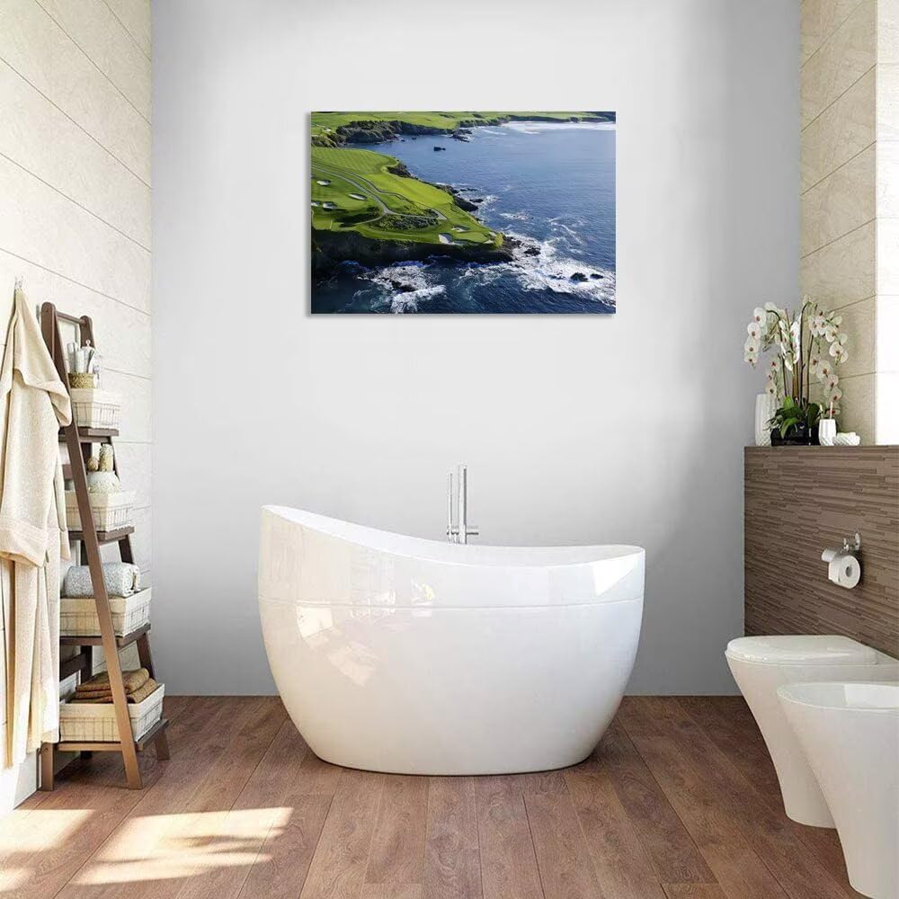 Pebble Beach Golf Course Canvas Wall Art for Living Room Bedroom Bathrooom Home Decorations California Coastal Golf Course Picture Poster Framed Artwork Ready to Hang(28''H x 44''W)