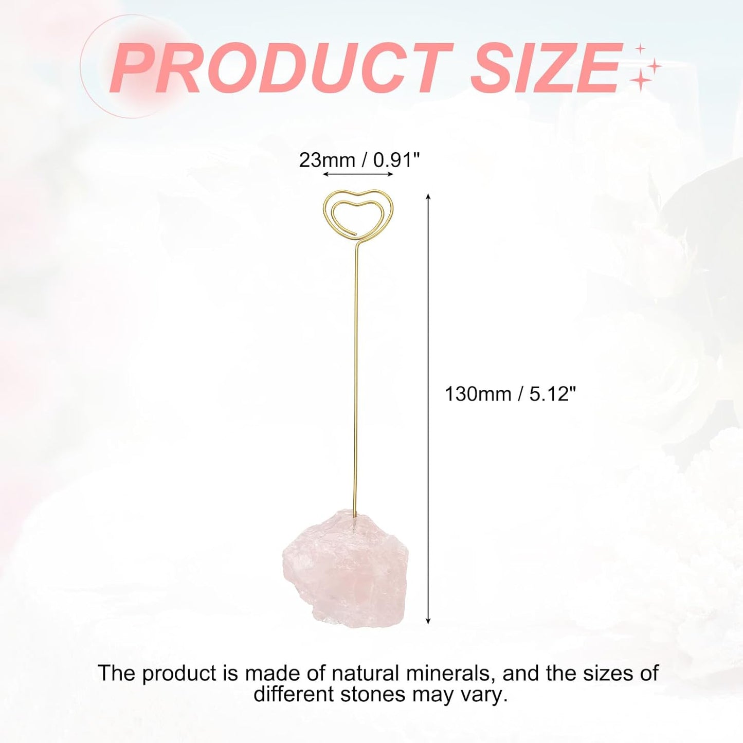 PATIKIL Table Number Holder, 1Pcs Photo Clip Holders Crystal Stone Quartz Desk Card Holder Raw Heart Shape Iron Memo Note Photo Stand for Wedding Party Home Office Decor, Pink