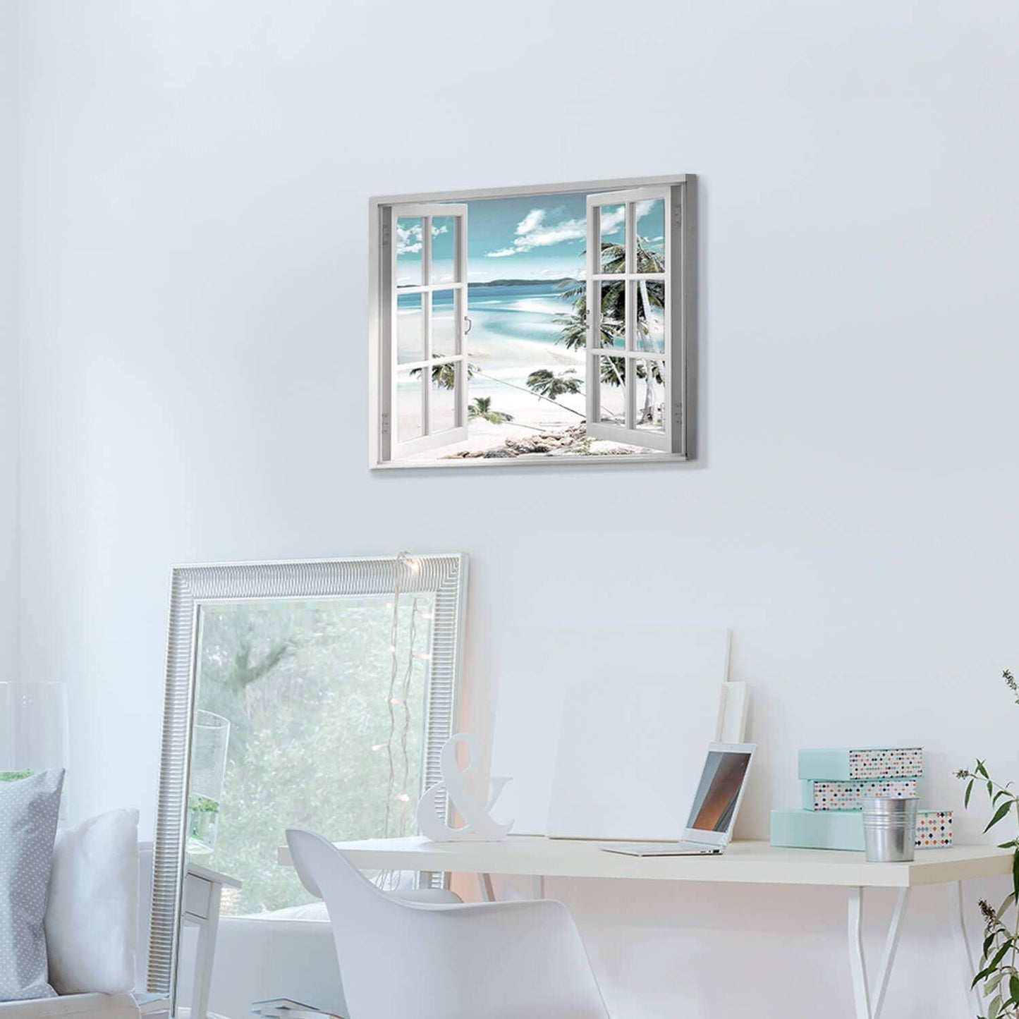 Open Windows Canvas Wall Art: Beach with Coastal Palm Graphic Artwork Print on Wrapped Canvas for Wall Decor(24''x18'')