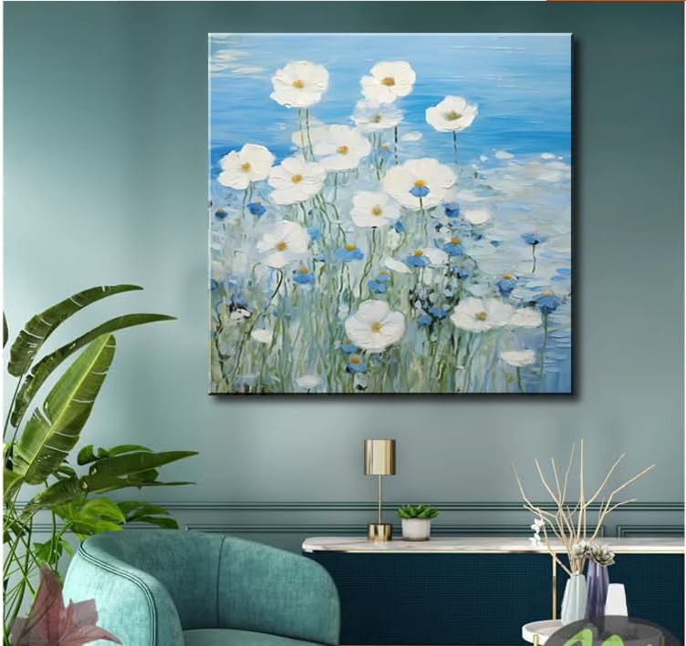 dgbtcart Bathroom Wall Art White Daisy Flower Picture Decor, Textured Blue Floral Painting Modern Artwork Canvas Print for Bedroom Office Home Decoration - 14"x14"