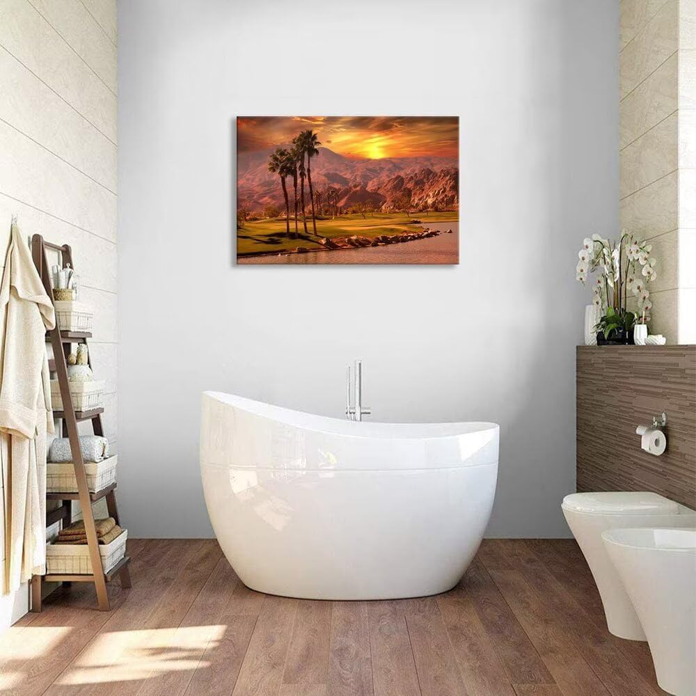 USA California Golf Course Wall Art for Living Room Bedroom Bathroom Home Decorations Golf Course at Sunset Springs Landscap Painting Canvas Prints Modern Artwork Framed Ready to Hang(12''H x 16''W)