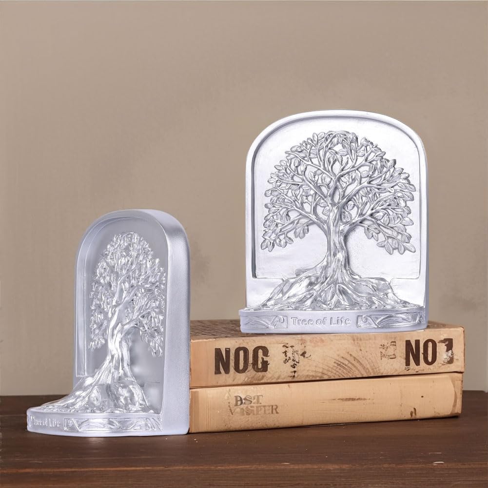 Silver Tree of Life Bookends Set, 2 Decorative Bookends for Shelves or Bookcase, Non-Skid Heavy Bookends for Desktop Shelf Decor, Library Office Decor, Home Décor Gift