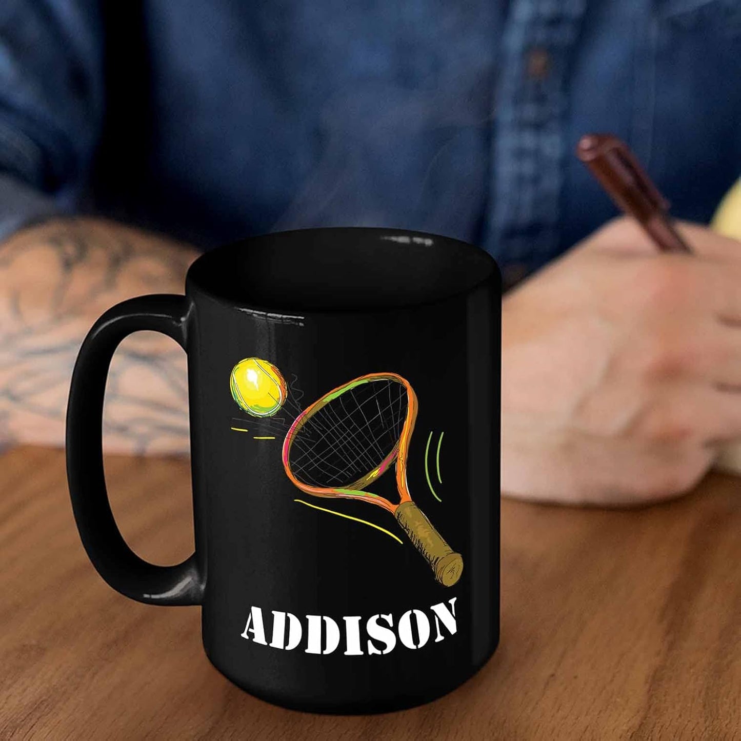 Personalized Tennis Coffee Mugs Cups With Name, Customized Tennis Sport Player Coffee Cup Gifts For Team Coach Tennis Lover, Tennis Ball Black Ceramic Mug 11 Oz 15 Oz, Tennis Players Travel Mug Gift