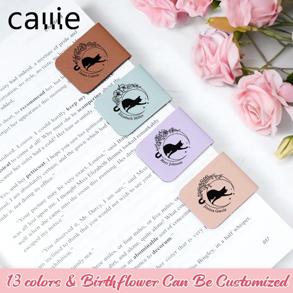 CALLIE Personalized Magnetic Bookmark Clip – Custom Name Reading Gifts for Book Lovers, Birthday Teacher's Day Christmas for Bookworm Gifts (Cat Moon Birth Flower)