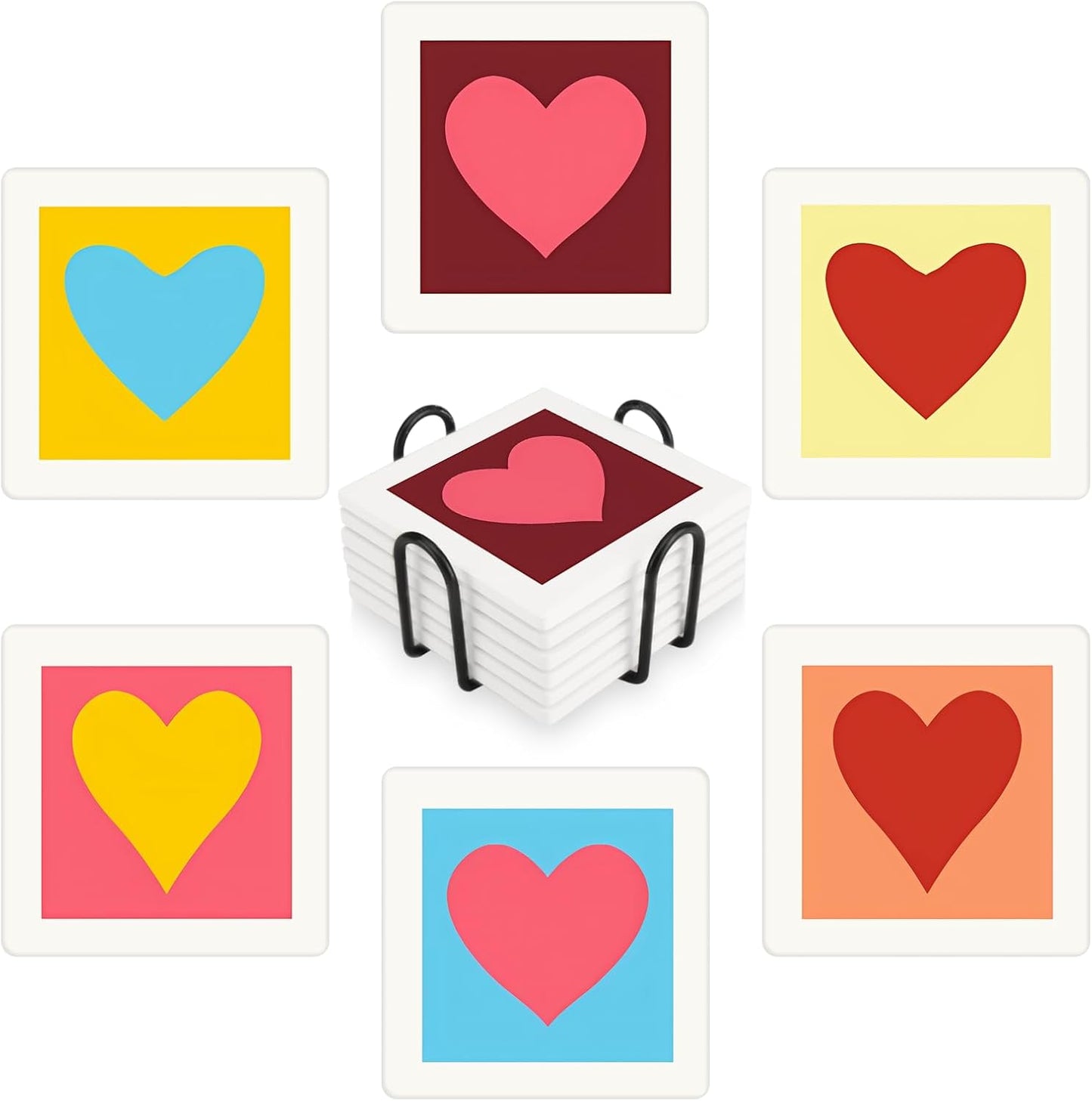 MAYCARI Love Hearts Printed Coasters Set of 6 Cork Backed Minimalist Aesthetic Coasters with Metal Holder Ceramic Surface Drink Cup Mats for Tabletop Protection Desk Decoration Valentine's Day Gifts