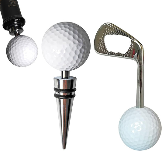 Golf Ball Wine Stoppers - Opener & Bottle Stopper Set of 2, Decorative Top, Ideal Gift for Golf & Wine Lovers (Silver)