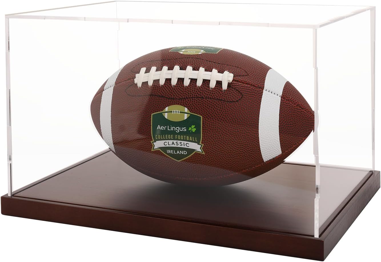 Football Display Box Collectibles Clear Acrylic Display Case Organizing Toys Case Storage Box with Solid Built-in Wooden Base(13.8x9.8x7.9 inch; 35x25x20 cm)