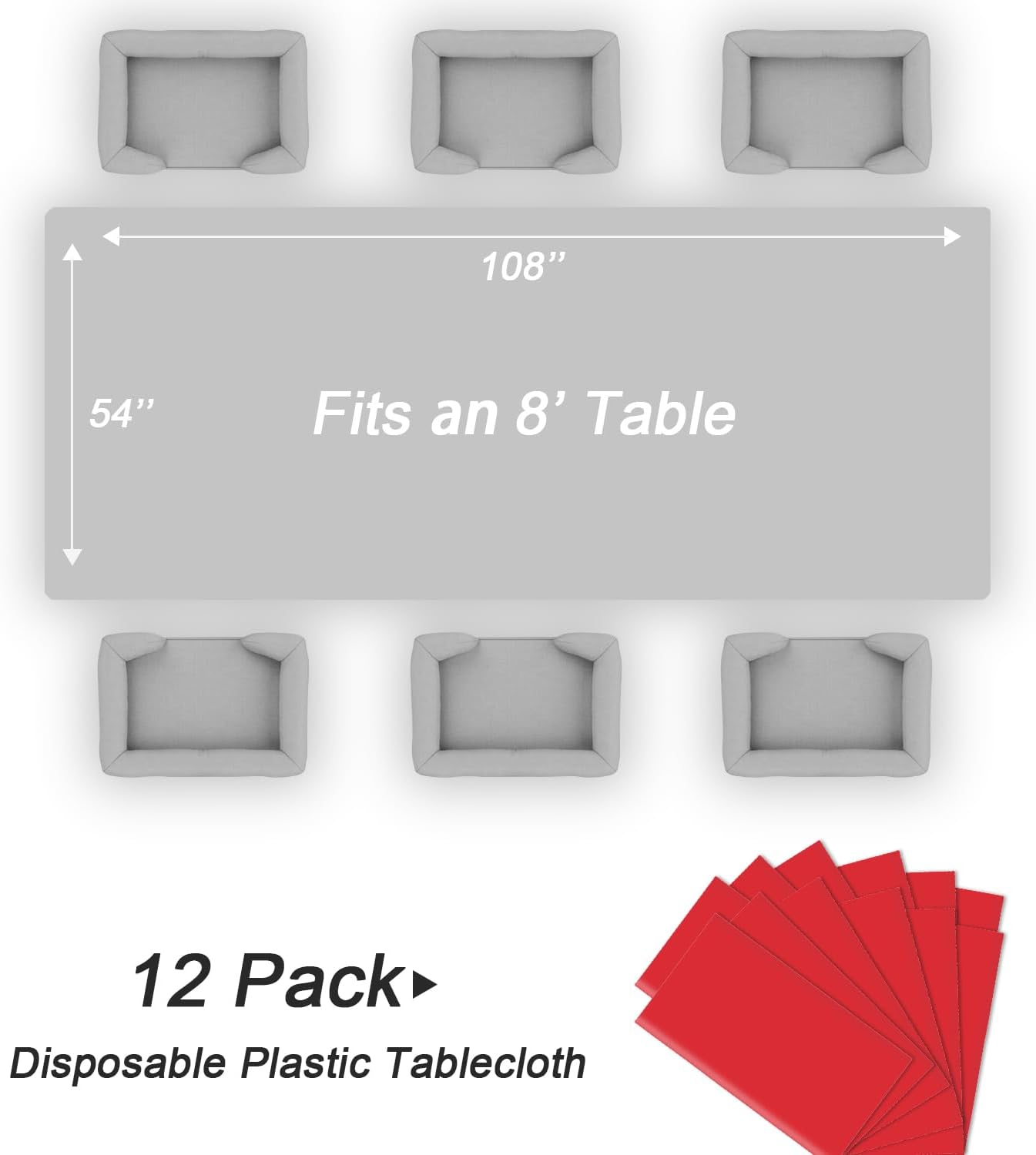 QIKSION Plastic Table Cloth Disposable 12 Pack, 54 x 108 Inch Tablecloths for Rectangle Tables, Red Plastic Table Cover