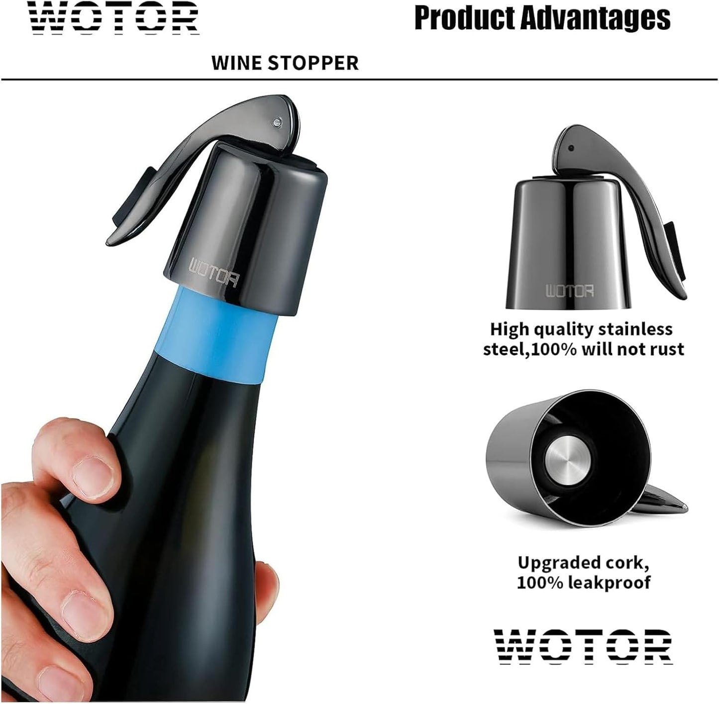 WOTOR Wine Stoppers Stainless Steel Wine Bottle stopper Plug with Silicone Reusable Wine Saver Leak proof Keep Fresh Metalblack 3 Pack