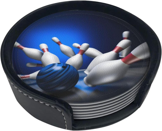 Fun Bowling Ball Sport Coasters for Drinks Round Leather Coaster with Holder Set of 6 for Tabletop Protection Desk Accessories Office Home Room Decor