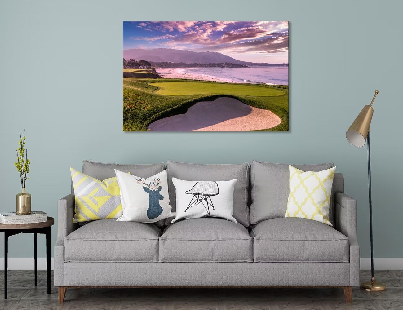 Pebble Beach Golf Course 9th Hole Wall Art for Living Room Bedroom Bathroom Home Decorations Monterey California USA Golf Course Picture Poster Canvas Prints Framed Ready to Hang(18''H x 24''W)